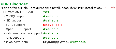 PHP Diagnose bei der MyOOS Installation